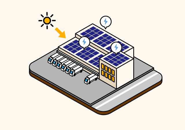 工場の上に設置された太陽光パネルのイラスト